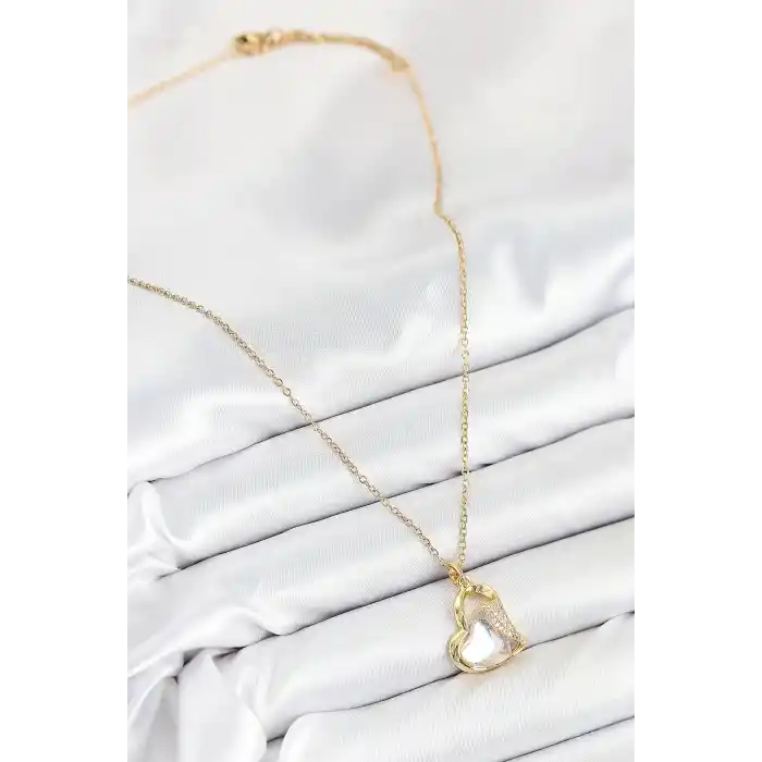316L Çelik Zirkon Taşlı Kalp Model Gold Renk Kadın Kolye