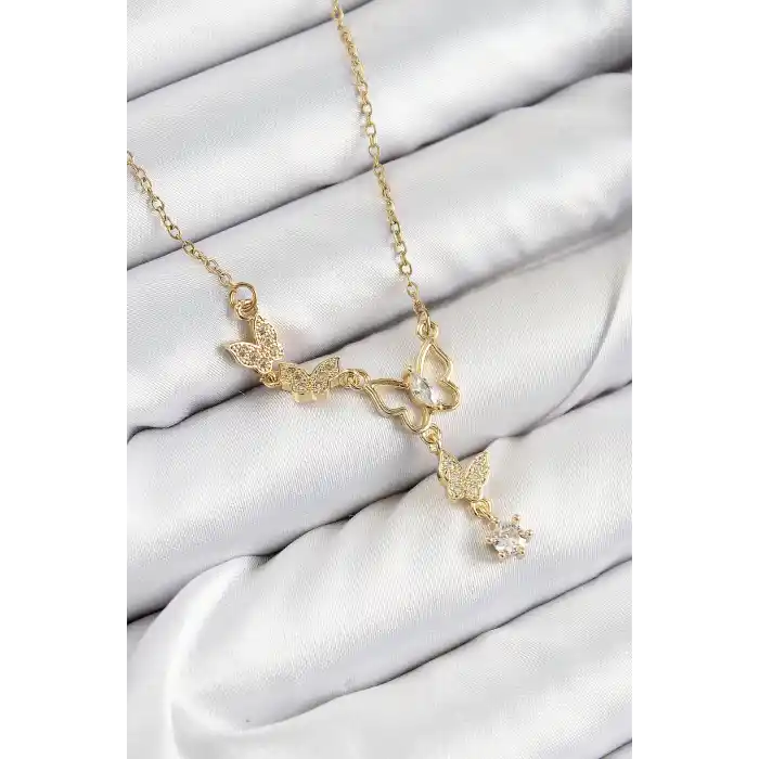 316L Çelik Zirkon Taşlı Kelebek Model Gold Renk Kadın Kolye