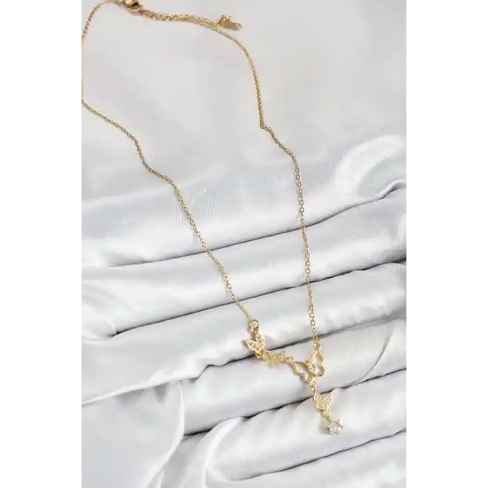 316L Çelik Zirkon Taşlı Kelebek Model Gold Renk Kadın Kolye