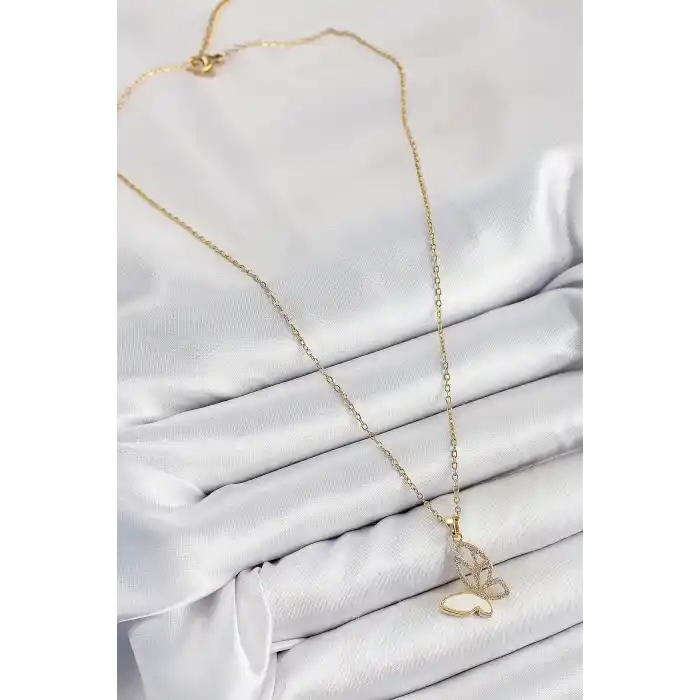 316L Çelik Zirkon Taşlı Kelebek Model Gold Renk Kadın Kolye