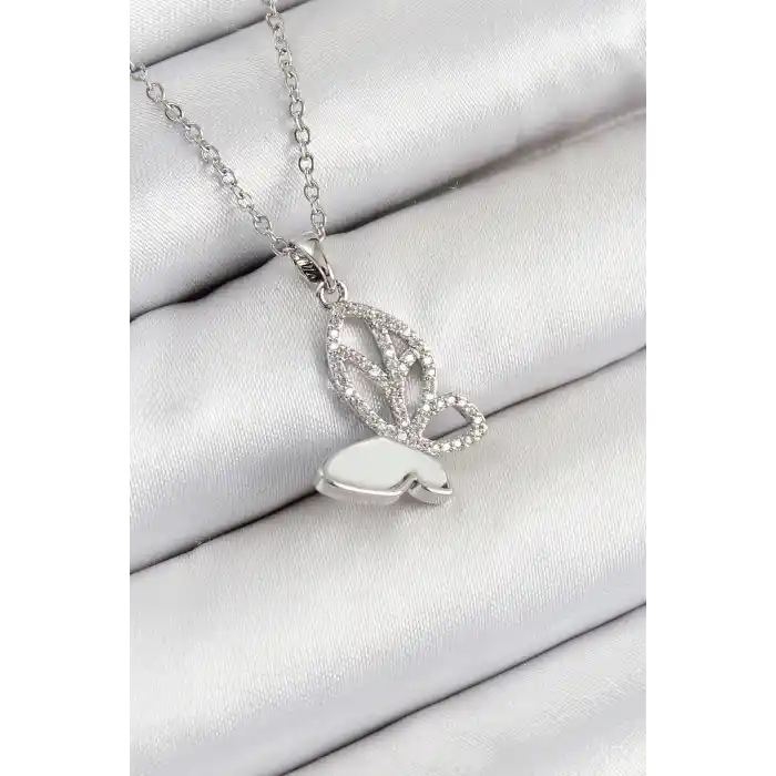 316L Çelik Zirkon Taşlı Kelebek Model Gümüş Renk Kadın Kolye