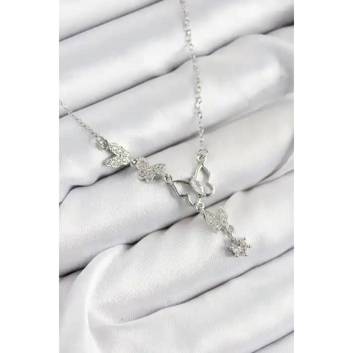 316L Çelik Zirkon Taşlı Kelebek Model Gümüş Renk Kadın Kolye