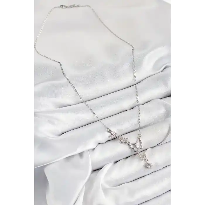 316L Çelik Zirkon Taşlı Kelebek Model Gümüş Renk Kadın Kolye