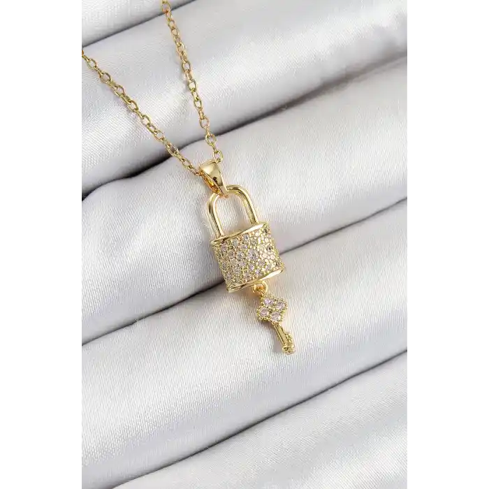 316L Çelik Zirkon Taşlı Kilit Ve Sallantılı Anahtar Model Gold Renk Kadın Kolye