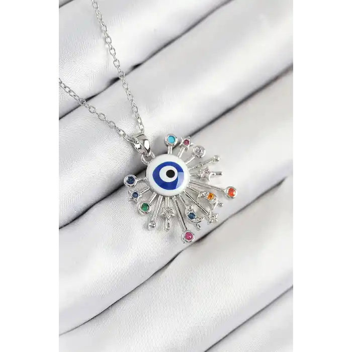 316L Çelik Zirkon Taşlı Nazar Model Gümüş Renk Kadın Kolye