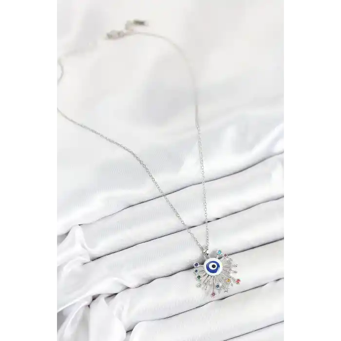 316L Çelik Zirkon Taşlı Nazar Model Gümüş Renk Kadın Kolye