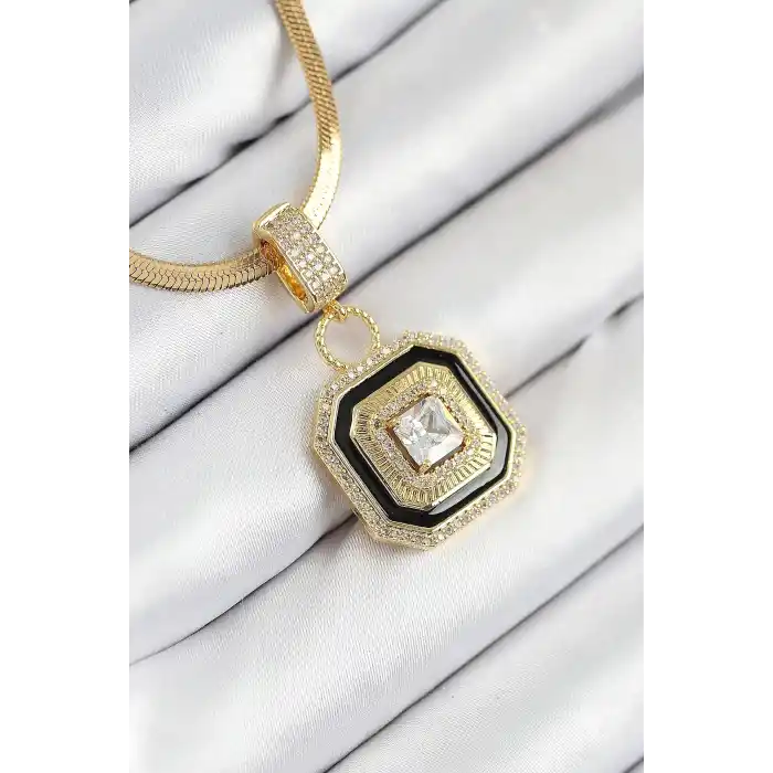 316L Çelik Zirkon Taşlı Siyah Detaylı Baget Model Gold Renk Kadın Kolye