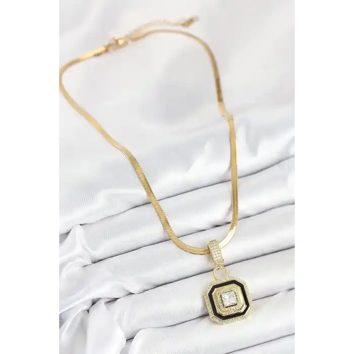 316L Çelik Zirkon Taşlı Siyah Detaylı Baget Model Gold Renk Kadın Kolye