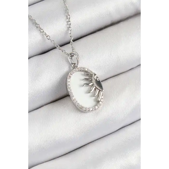 316L Çelik Zirkon Taşlı Yarım Güneş Model Gümüş Renk Kadın Kolye