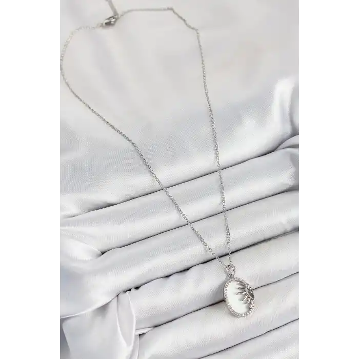 316L Çelik Zirkon Taşlı Yarım Güneş Model Gümüş Renk Kadın Kolye
