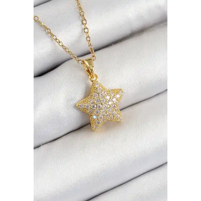 316L Çelik Zirkon Taşlı Yıldız Model Gold Renk Kadın Kolye