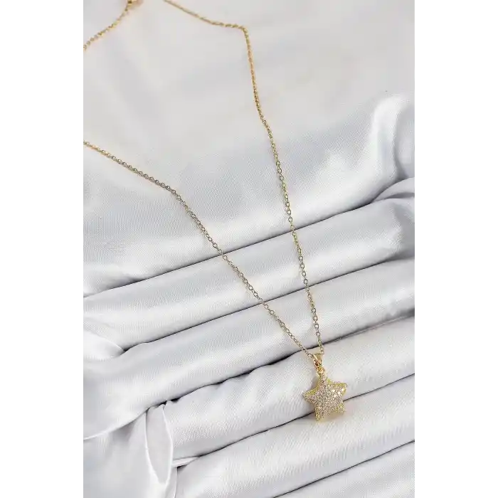 316L Çelik Zirkon Taşlı Yıldız Model Gold Renk Kadın Kolye