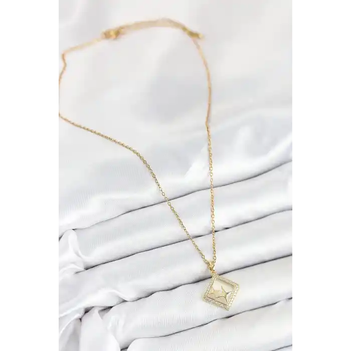 316L Çelik Zirkon Taşlı Yıldız Model Gold Renk Kadın Kolye
