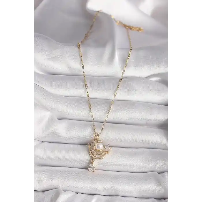 316L Gold Renk Zirkon Taşlı Ay Yıldız Model Sallantı Detay Kadın Kolye