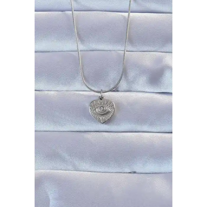 316L Gümüş Renk Zirkon Taşlı İşlemeli Göz Detay Kalp Kolye