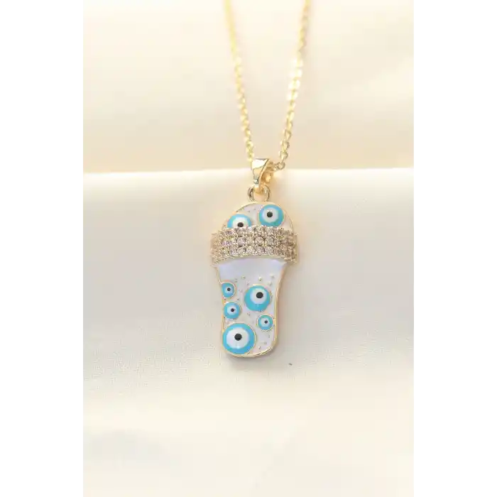 316L Zinciri Çelik Zirkon Taşlı Gold Renk Nazar Boncuklu Terlik Kolye