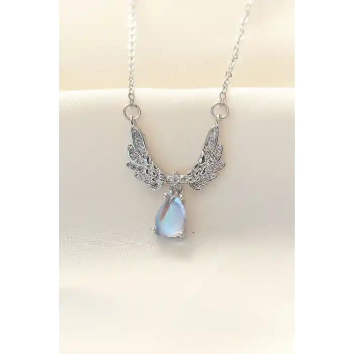 316L Zinciri Çelik Zirkon Taşlı Gümüş Renk Kanatlı Damla Kolye