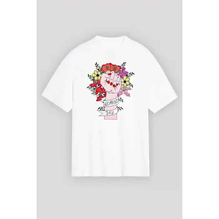 8 Mart Dünya Kadınlar Günü İçin Özel Baskılı T-shirt - Beyaz