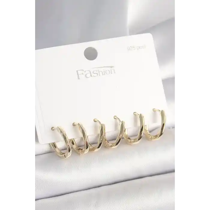 925 Ayar Gümüş Çivi Pirinç Gold Renk Oval Halka Model Kadın Küpe Seti