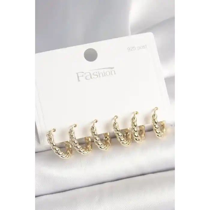 925 Ayar Gümüş Çivi Pirinç Gold Renk Sarmal Halka Model Kadın Küpe Seti