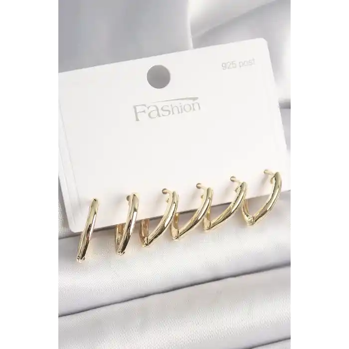 925 Ayar Gümüş Çivi Pirinç Gold Renk Üçgen Model Kadın Küpe Seti