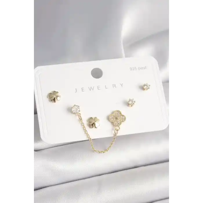 925 Ayar Gümüş Çivi Pirinç Gold Renk Zirkon Taşlı Yonca Model Sallantı Zincir Detay Kadın Küpe Seti