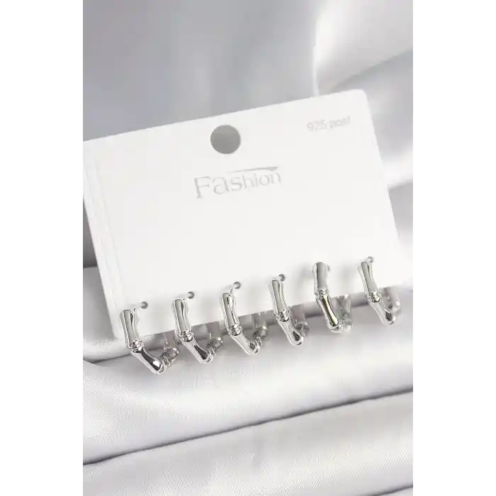 925 Ayar Gümüş Çivi Pirinç Gümüş Renk Bambu Halka Model Kadın Küpe Seti