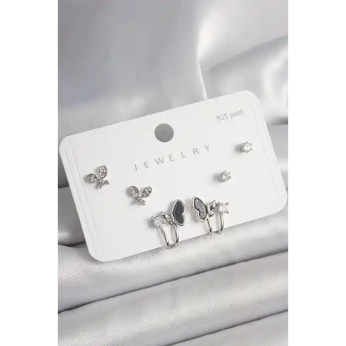 925 Ayar Gümüş Çivi Pirinç Gümüş Renk Zirkon Taşlı Kelebek Model Kadın Küpe Seti