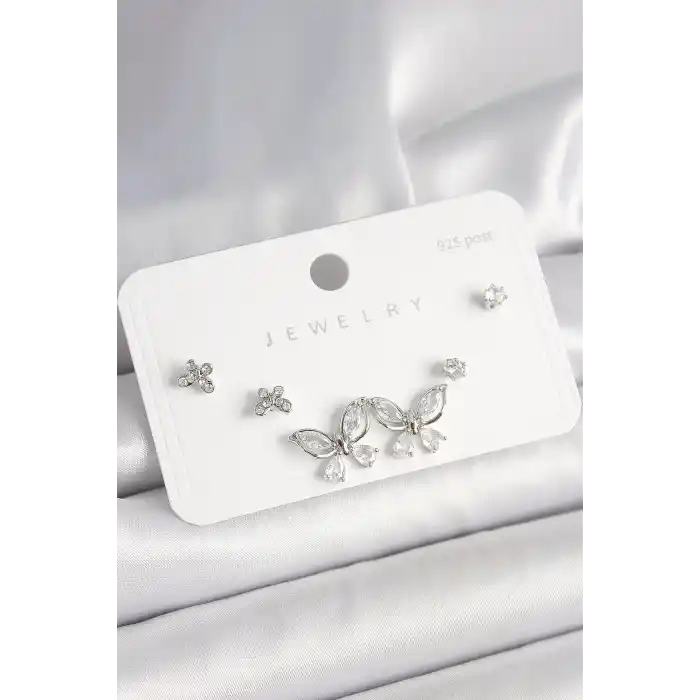 925 Ayar Gümüş Çivi Pirinç Gümüş Renk Zirkon Taşlı Kelebek Model Kadın Küpe Seti