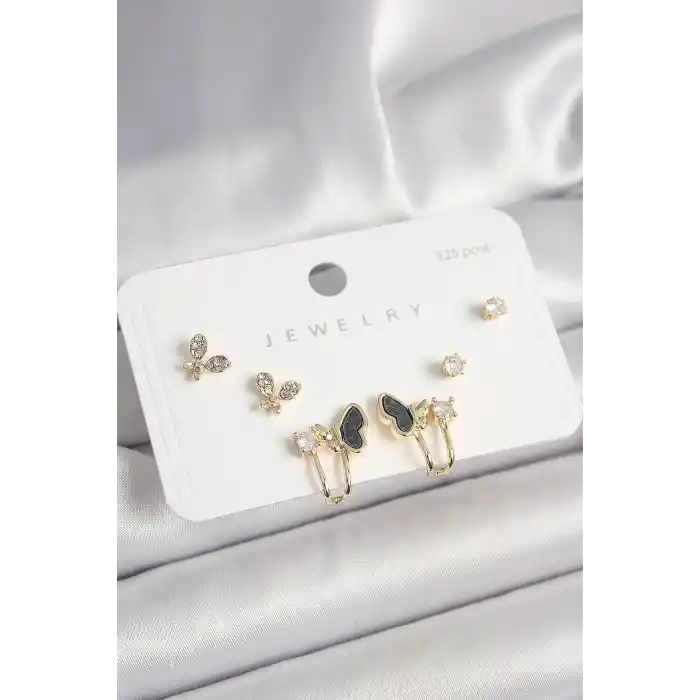 925 Ayar Gümüş Çivi Pirinç Zirkon Taşlı Kelebek Model Kadın Küpe Seti