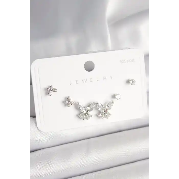 925 Ayar Gümüş Çivi Pirinç Zirkon Taşlı Kelebek Model Kadın Küpe Seti