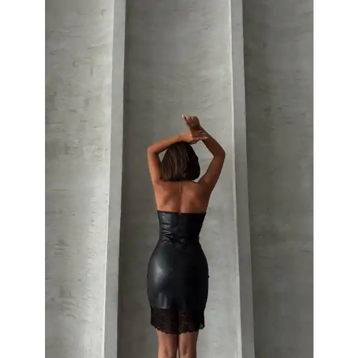 Altı dantelli straplez deri elbise siyah w240419