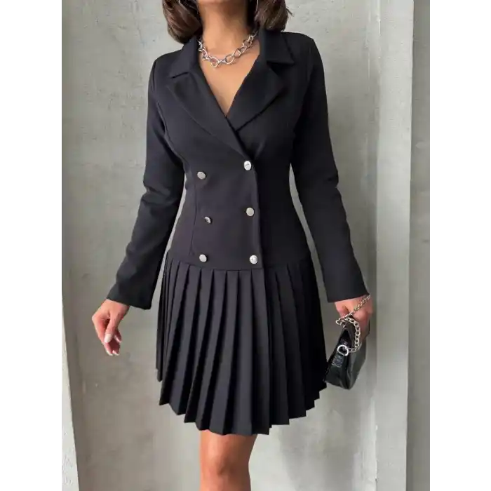 Altı piliseli uzun kollu ceket elbise siyah s255016