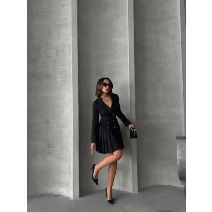 Altı piliseli uzun kollu ceket elbise siyah s255016