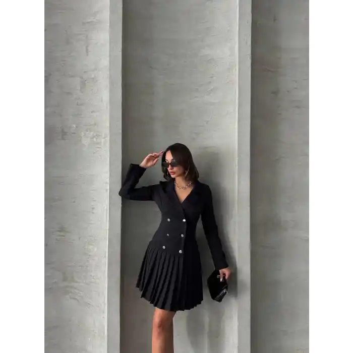 Altı piliseli uzun kollu ceket elbise siyah s255016