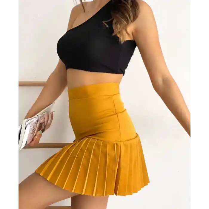 Altı pliseli mini etek hardal s24705