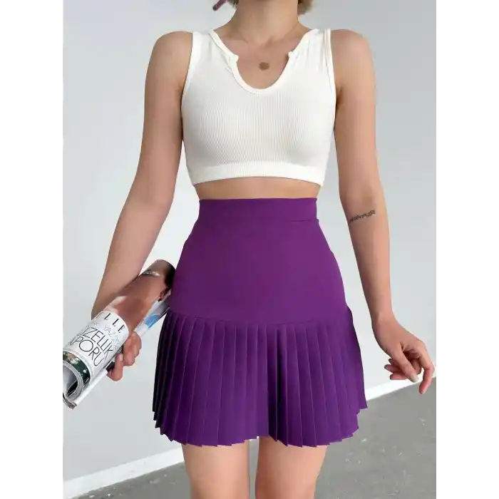Altı pliseli mini etek Mor s24705