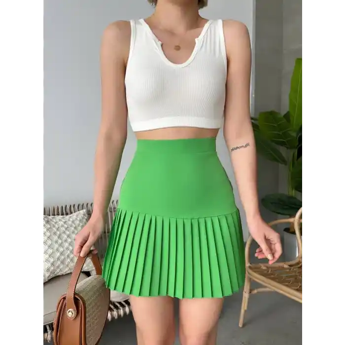 Altı pliseli mini etek yeşil s24705