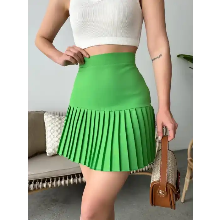 Altı pliseli mini etek yeşil s24705
