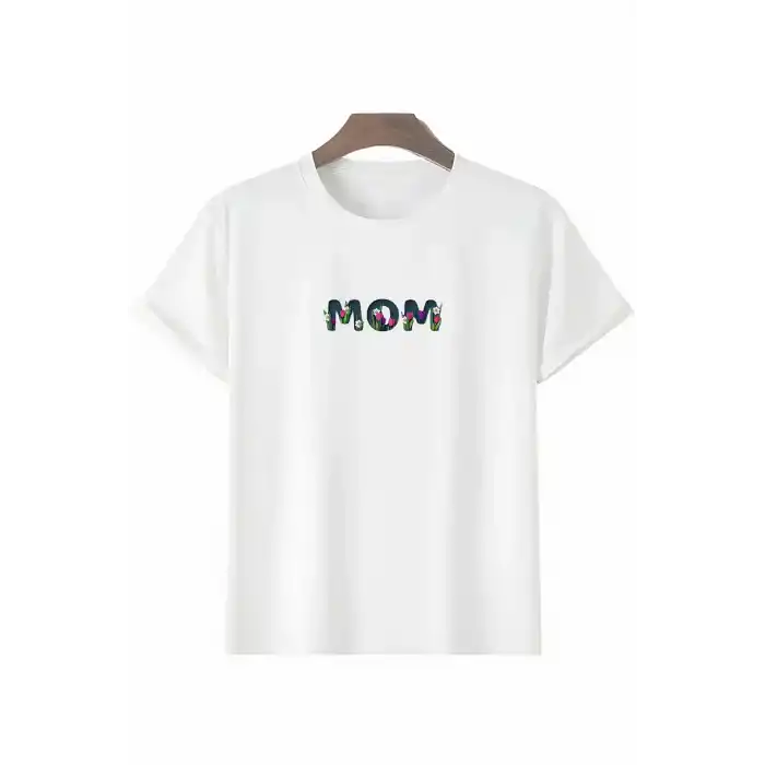 Anneler Gününe Özel Tasarım mom Çiçek Baskılı T-shirt - Beyaz