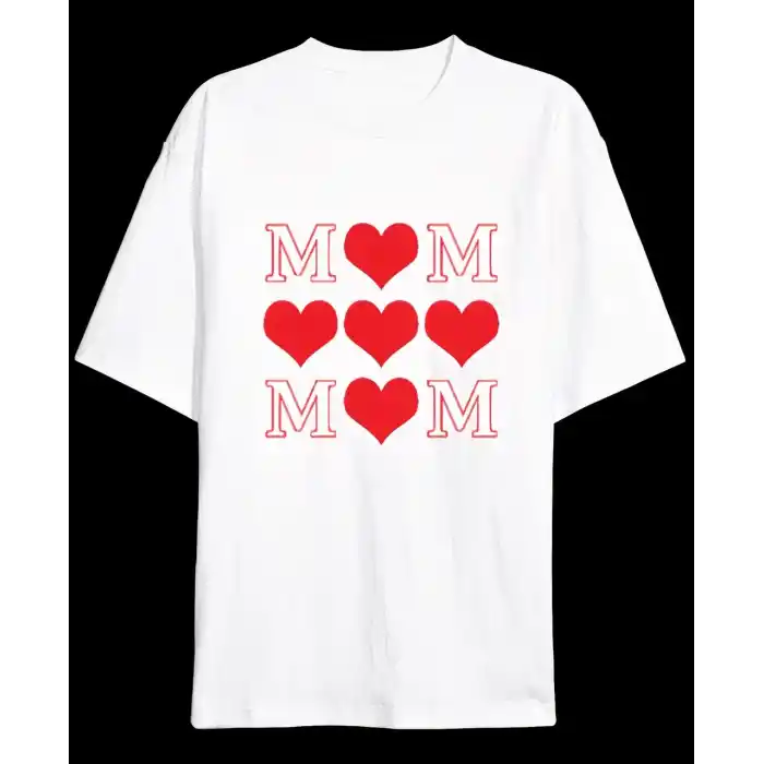 Anneler Gününe Özel Tasarım MOM Kalp Baskılı T-shirt - Beyaz