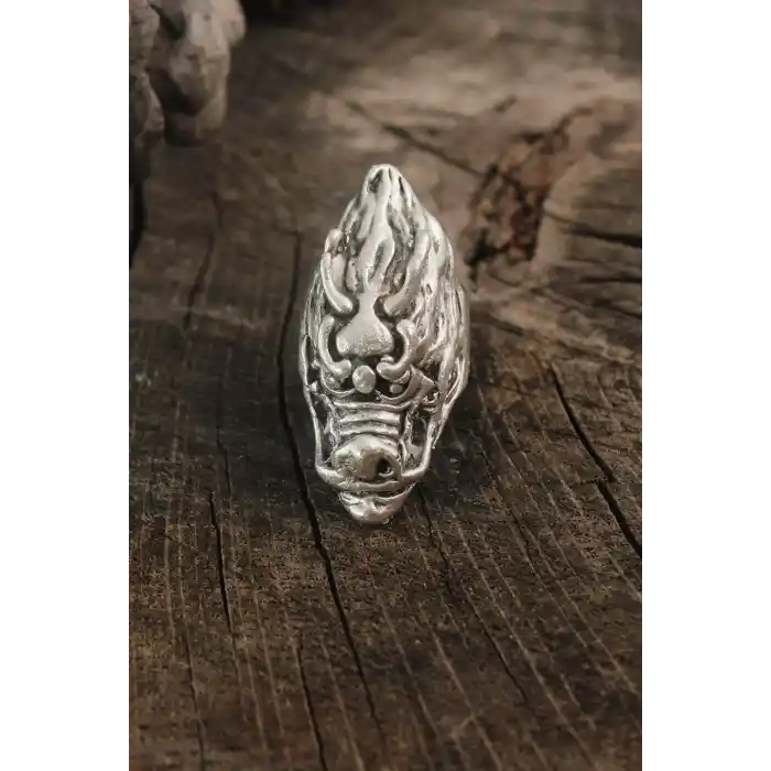 Antik Gümüş Renk Ejderha Kafası Model Ayarlanabilir Erkek Yüzük