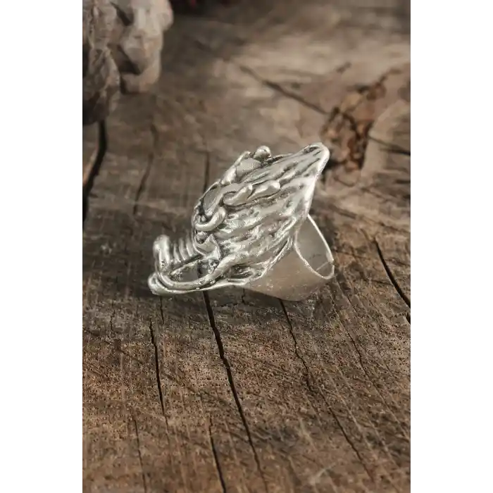 Antik Gümüş Renk Ejderha Kafası Model Ayarlanabilir Erkek Yüzük