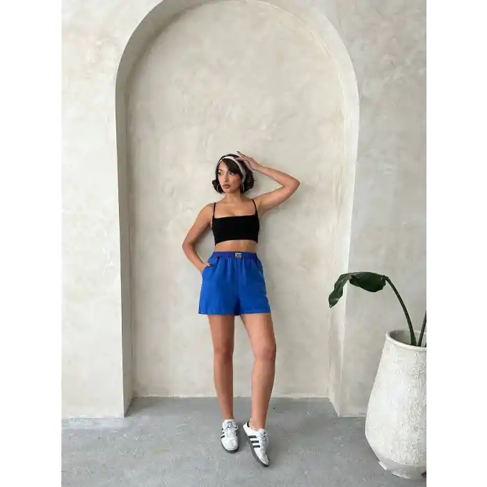 Armalı keten şort saks mavisi s251003