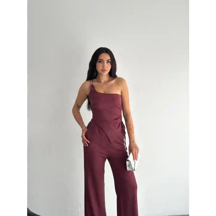 Asimetrik Crop Pantalon ikili Takım - Gül Kurusu