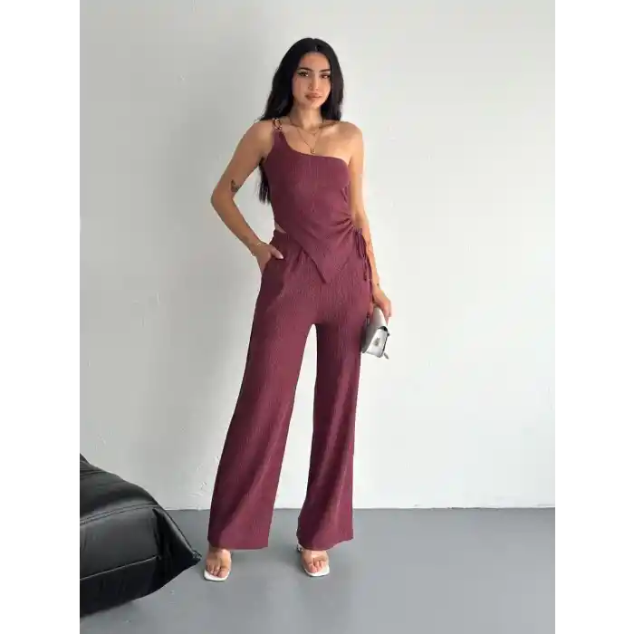 Asimetrik Crop Pantalon ikili Takım - Gül Kurusu