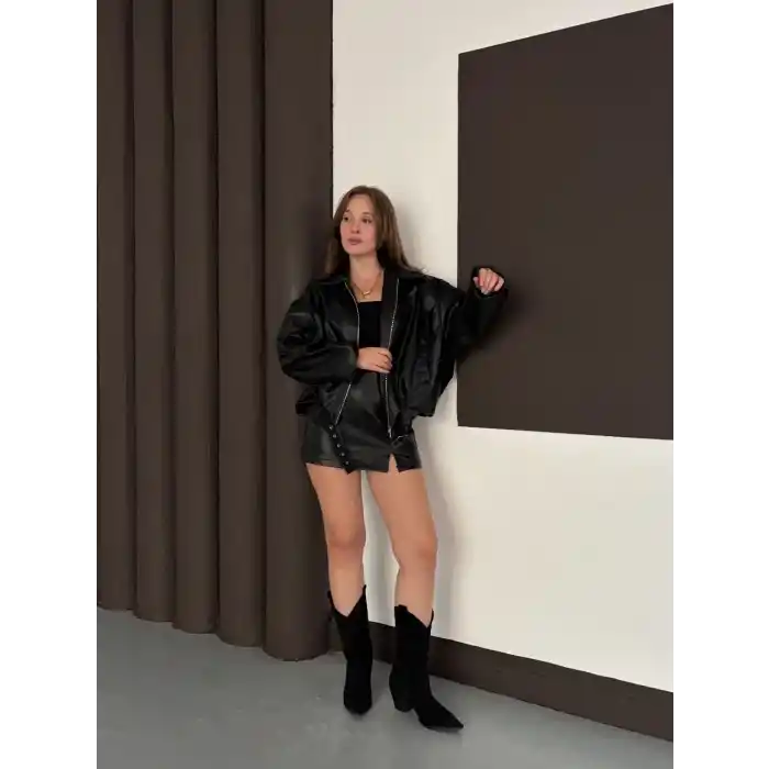 Astarlı kemerli pb deri ceket siyah onst