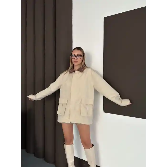 Astarlı yaka detaylı artos ceket bej st2651019