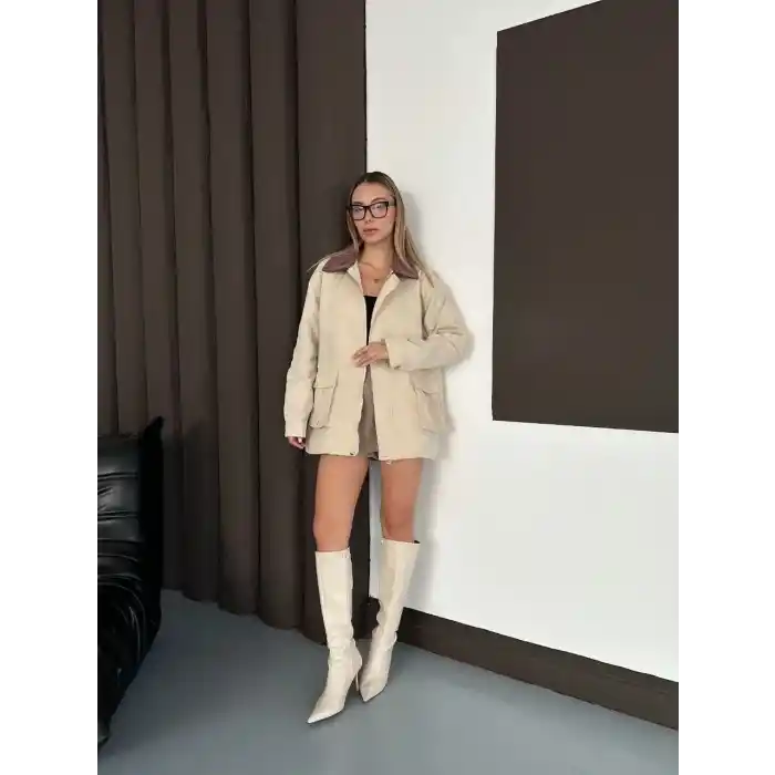 Astarlı yaka detaylı artos ceket bej st2651019