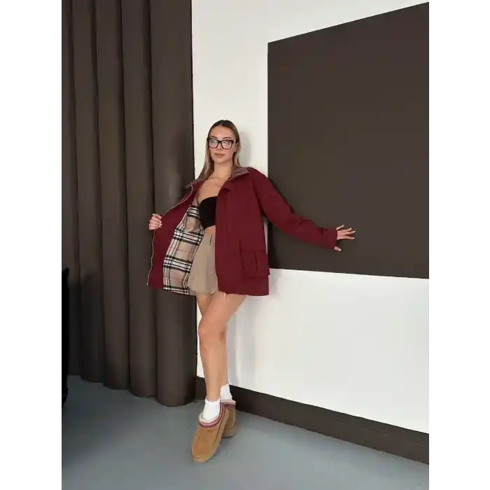 Astarlı yaka detaylı artos ceket bordo st2651019
